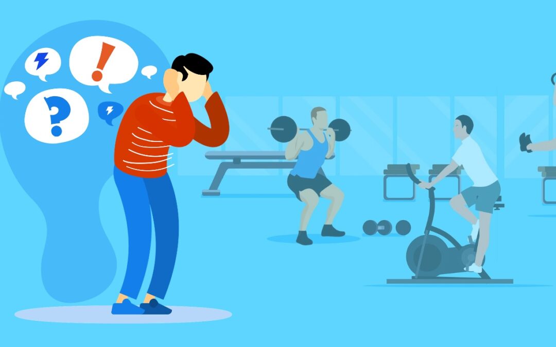 An illustration of a person with question marks all aruond their head holding their ears, in a gym environment. The image represents the challenges of neurodivergent clients.